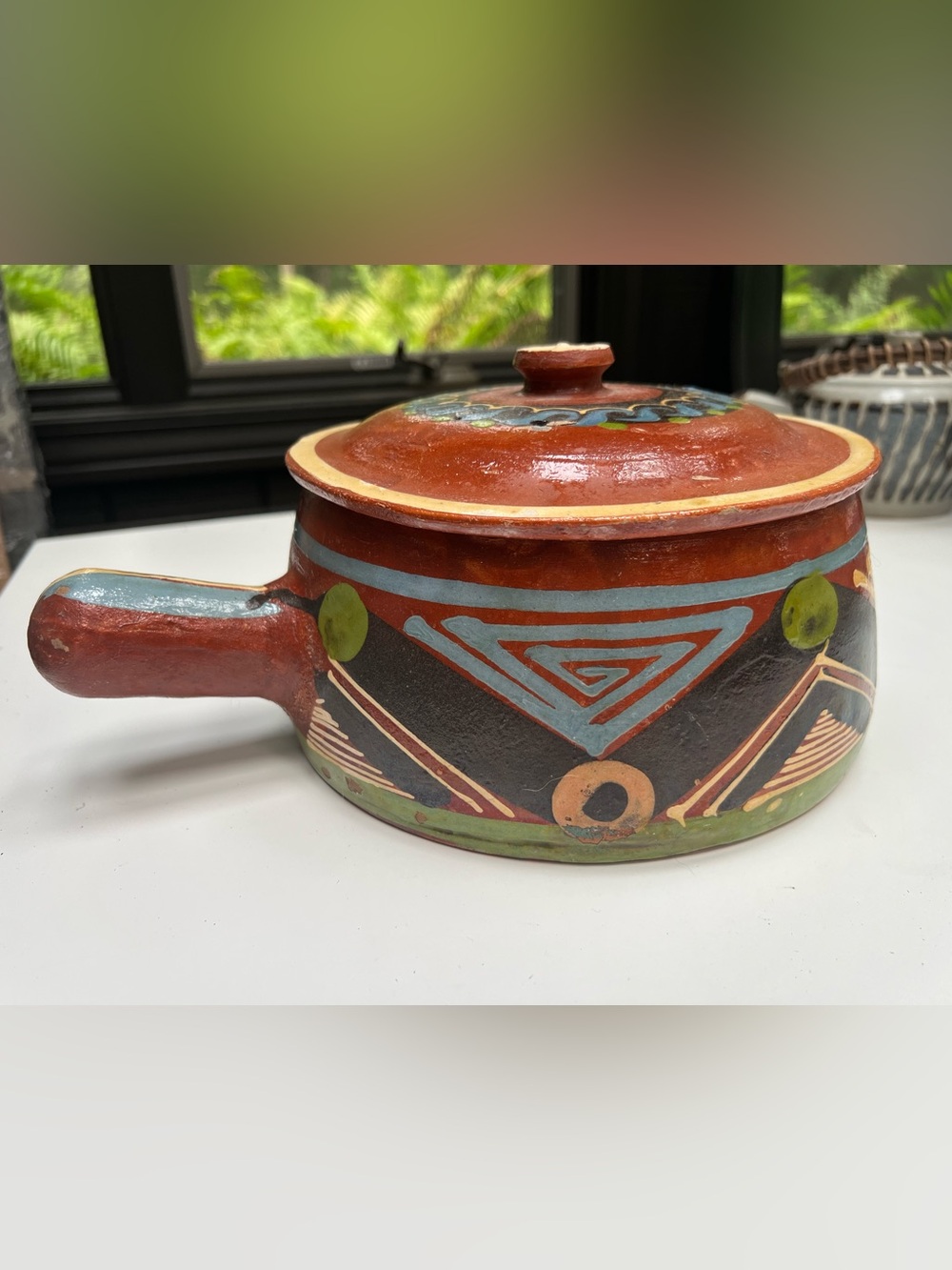Vintage Mexican Tlaquepaque Pottery Lidded Pot Casserole Hand Painted Redware